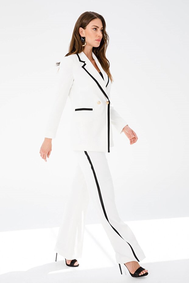 Pantaloni largi Modailgi cu detaliu din piele - 7016 Ecru - 7