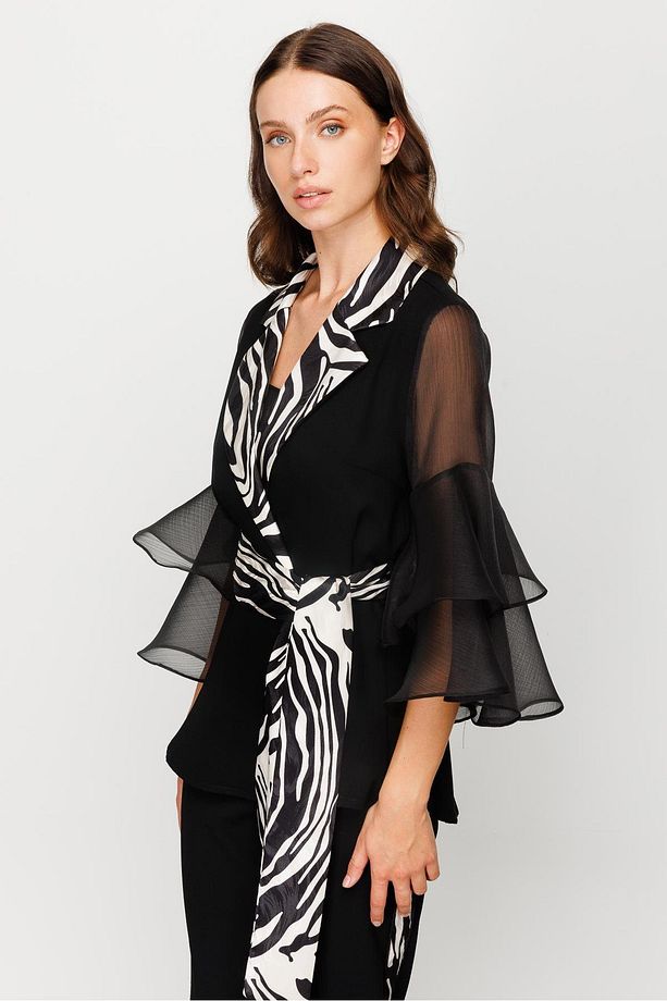 Modailgi Zebra Desenli Kolları Volanlı Gömlek Siyah - 6