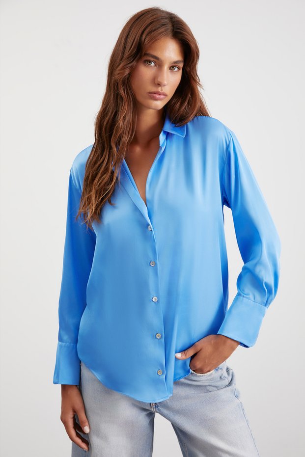 Sheila Women's Premium Satin Woven Relaxed Fit Comfortable Cut Long Sleeve Pocketless Blue Shirt