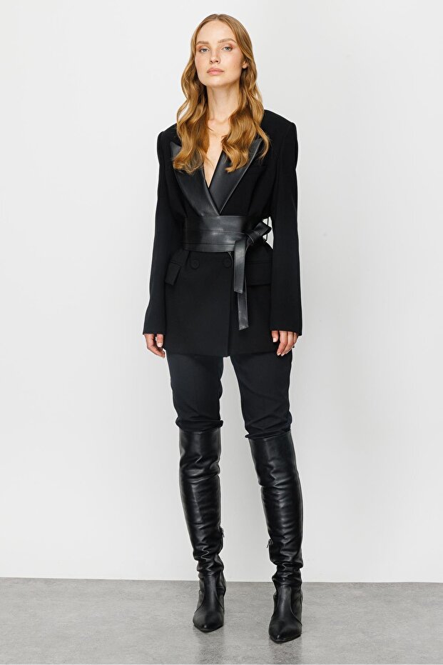 Modailgi سترة جلدية بحزام أسود - 3