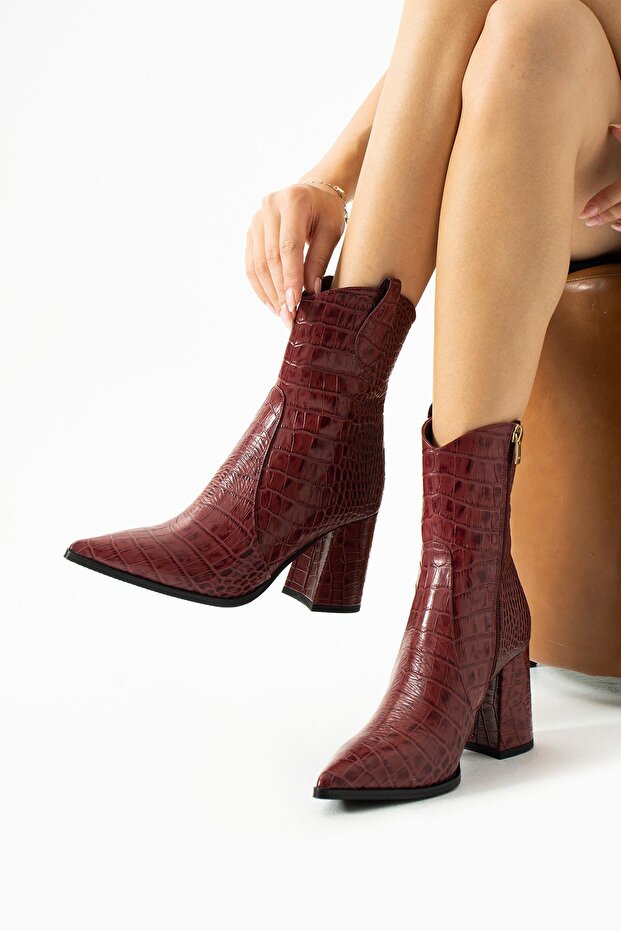 Claret Red Genuine Leather Crocodile Women's Boots