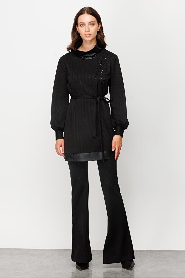 Modailgi Deri Garnili Örme Tunik Siyah - 1