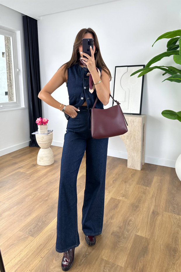 Lully Navy Blue Denim Vest Straight Trousers Set