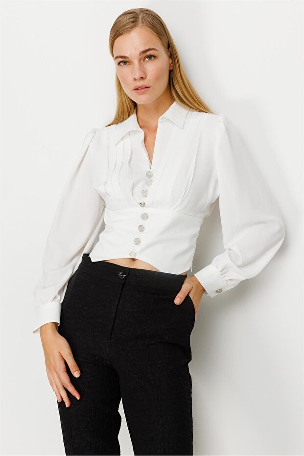 Modailgi Pileli Crop Bluz Ekru - 6