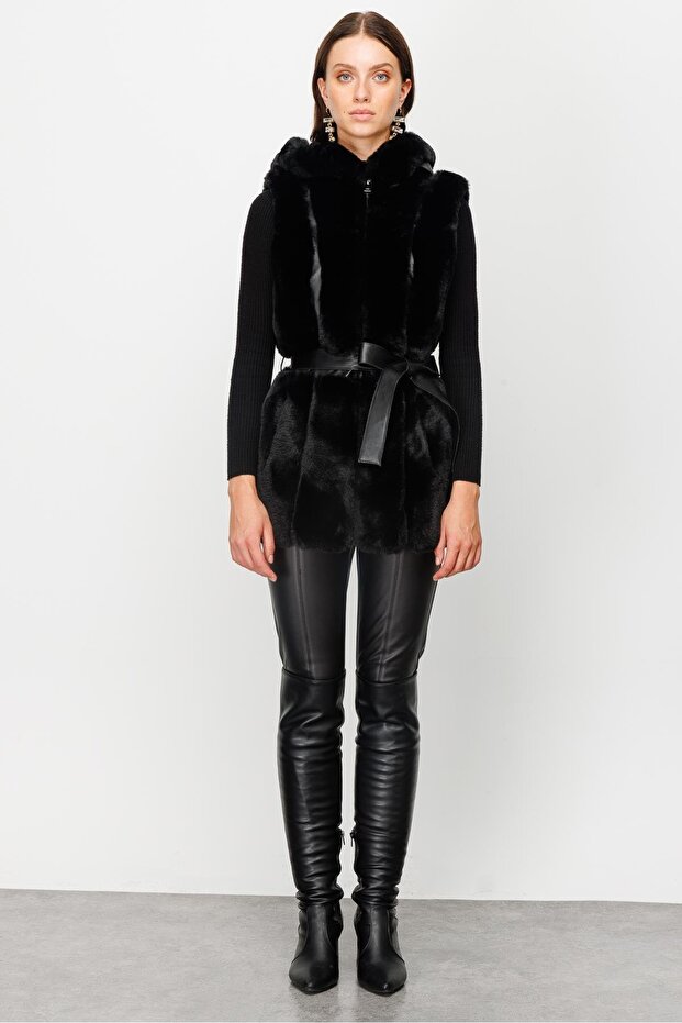 Modailgi  Kapüşonlu Kürk Yelek Siyah - 3