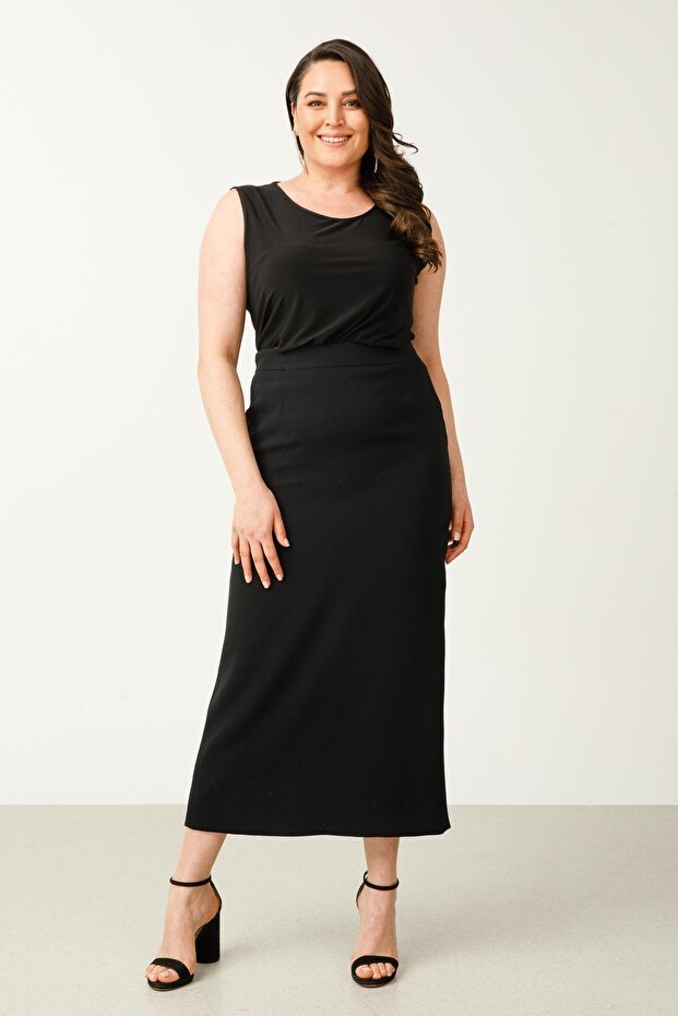 Modailgi Back Pleated تنورة طويلة كلاسيكية باللون الأسود