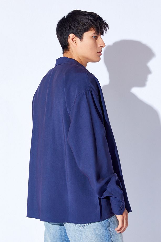 Oversize Soft Dokulu Kalın Modal Tek Cep Erkek Dış Gömlek | Lacivert MNW191099-01 - 6
