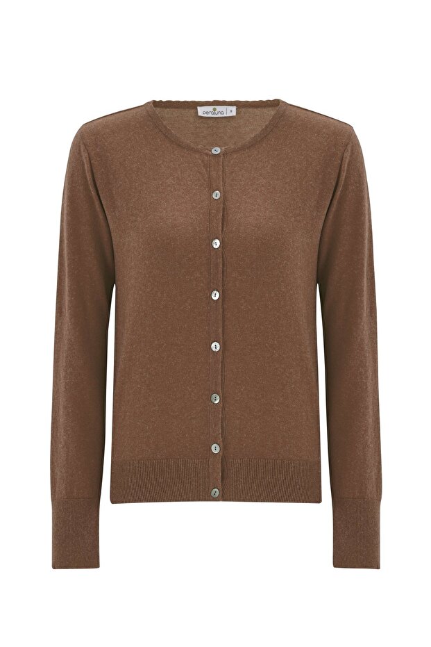 Pamuklu Bisiklet Yaka Basic Kadın Triko Hırka - Kamel - 7