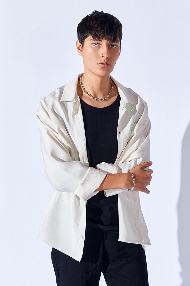 Oversize Soft Dokulu Kalın Modal Tek Cep Erkek Dış Gömlek | Beyaz MNW191099-01 - 8