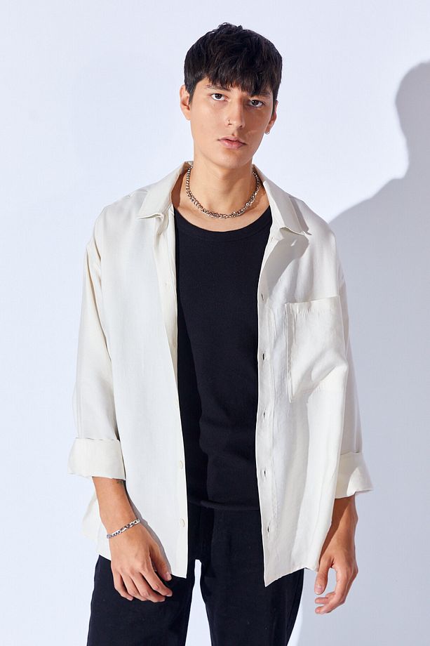 Oversize Soft Dokulu Kalın Modal Tek Cep Erkek Dış Gömlek | Beyaz MNW191099-01 - 1