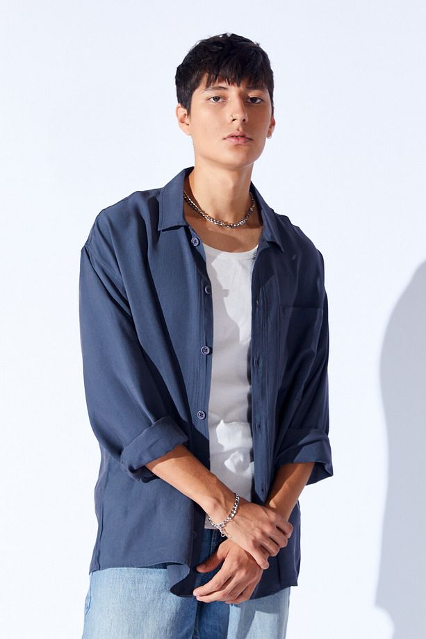 Oversize Soft Dokulu Kalın Modal Tek Cep Erkek Dış Gömlek | Antrasit MNW191099-01 - 7