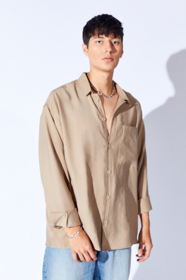 Oversize Soft Dokulu Kalın Modal Tek Cep Erkek Dış Gömlek | Vizon MNW191099-01 - 3