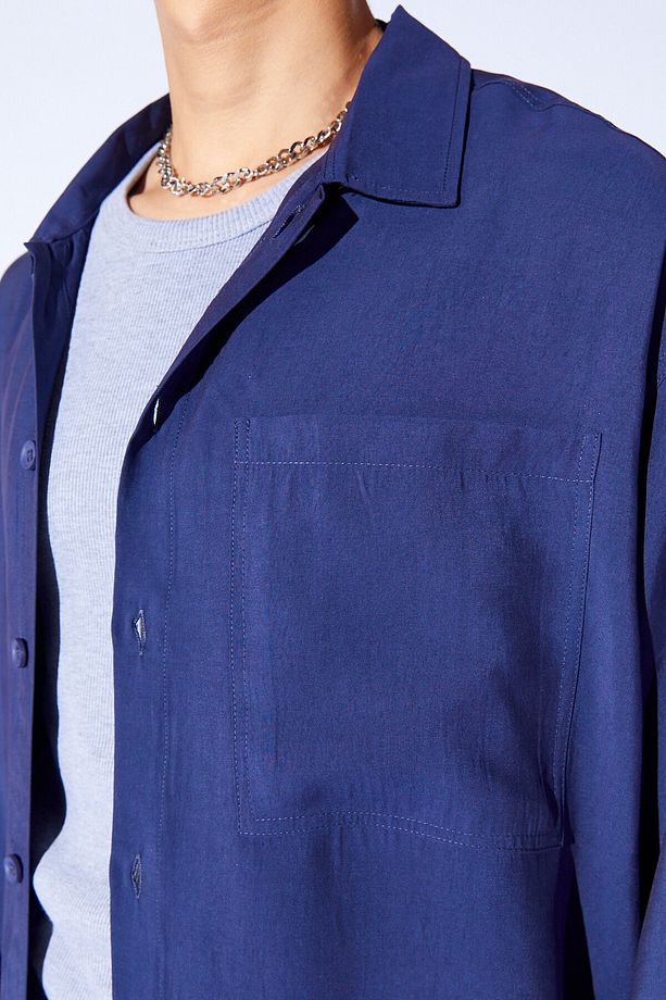Oversize Soft Dokulu Kalın Modal Tek Cep Erkek Dış Gömlek | Lacivert MNW191099-01 - 5