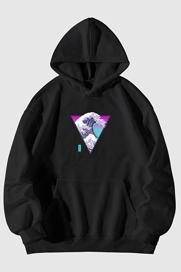 Wave Triangle Printed Unisex Black Kangaroo Pocket Hooded Sweatshirt Hoodie