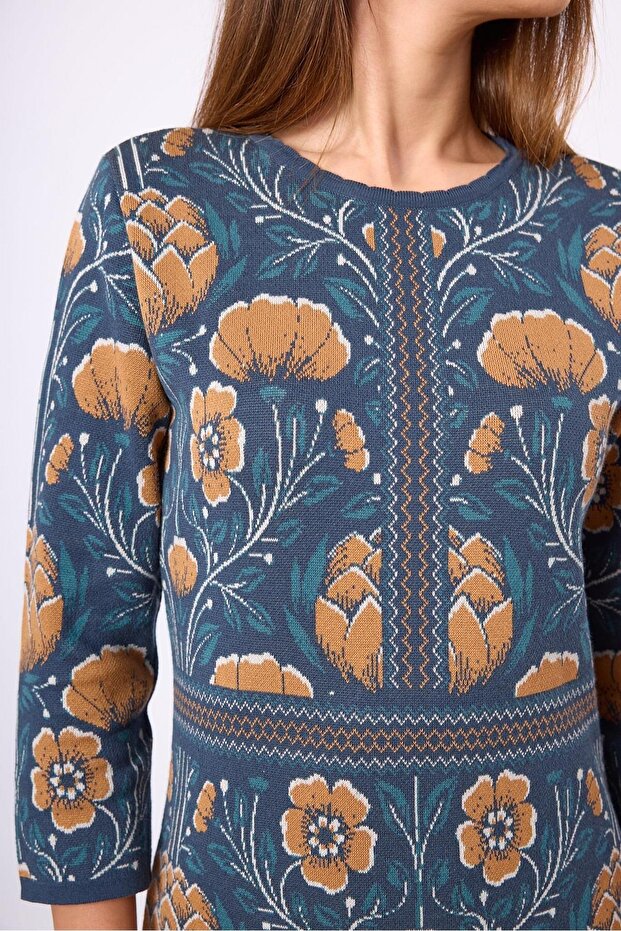 Felicity Çiçek Jakarlı Kadın Triko Elbise - Indigo Multi - 4