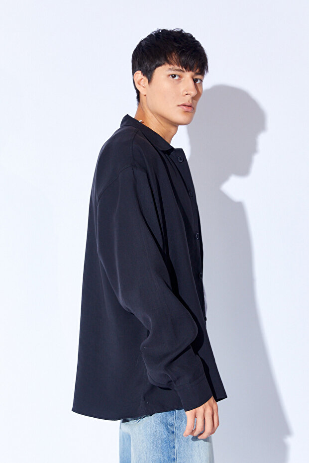 Oversize Soft Dokulu Kalın Modal Tek Cep Erkek Dış Gömlek | Siyah MNW191099-01 - 3