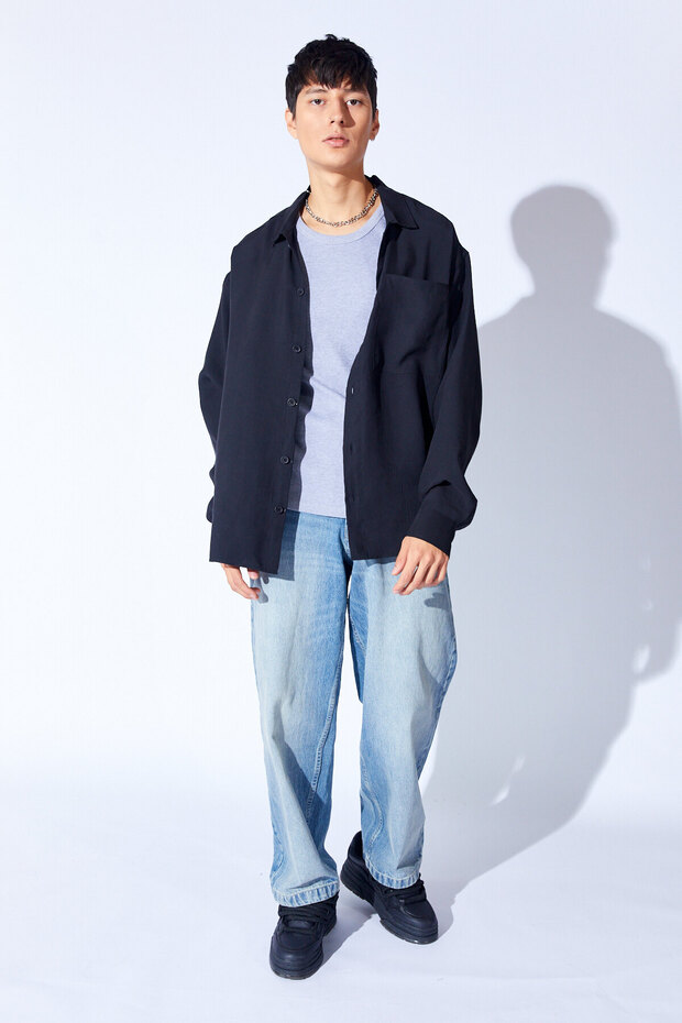 Oversize Soft Dokulu Kalın Modal Tek Cep Erkek Dış Gömlek | Siyah MNW191099-01 - 8