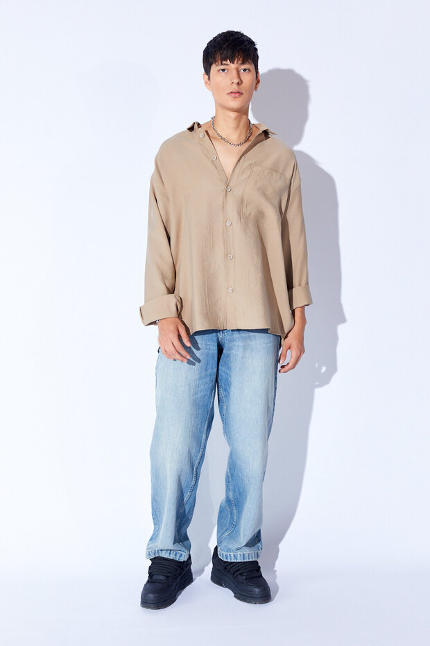 Oversize Soft Dokulu Kalın Modal Tek Cep Erkek Dış Gömlek | Vizon MNW191099-01 - 4