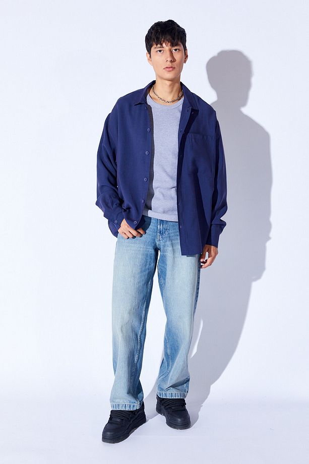 Oversize Soft Dokulu Kalın Modal Tek Cep Erkek Dış Gömlek | Lacivert MNW191099-01 - 4
