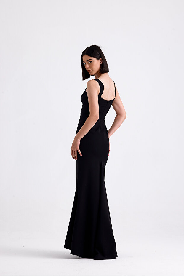 Siyah Krep Maxi Elbise - 5