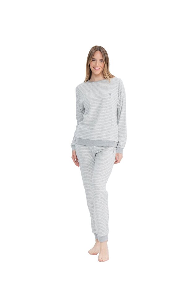 Women's Gray Melange Round Collar Pajama Set