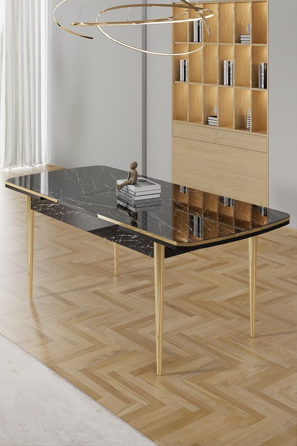Rada Serisi 80x132 Açılabilir Lak Panel Mutfak Masası Siyah Mermer Desen Gold Ayaklı - 3