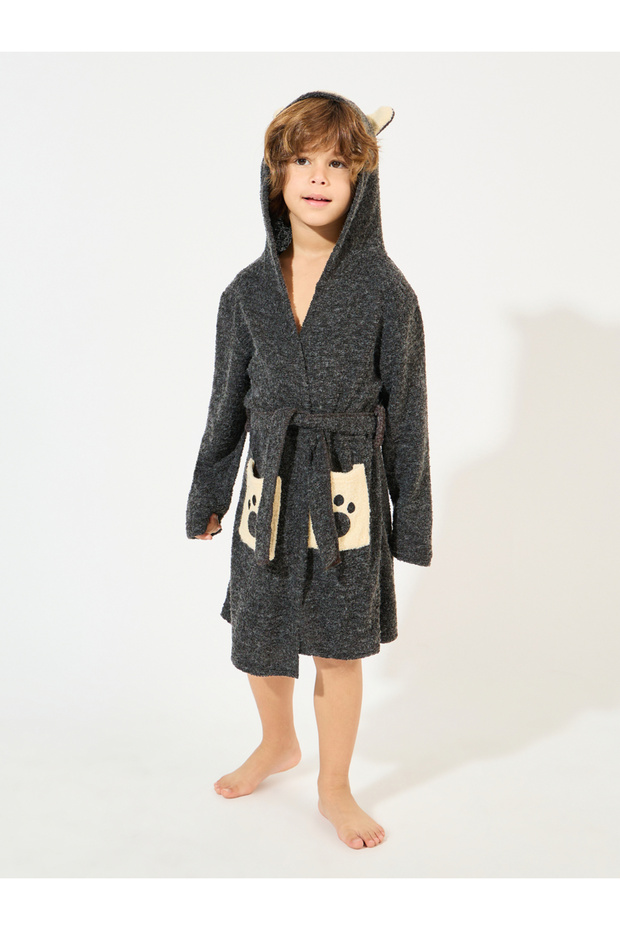 رداء حمام تيري بغطاء رأس بنقشة الدب - 2