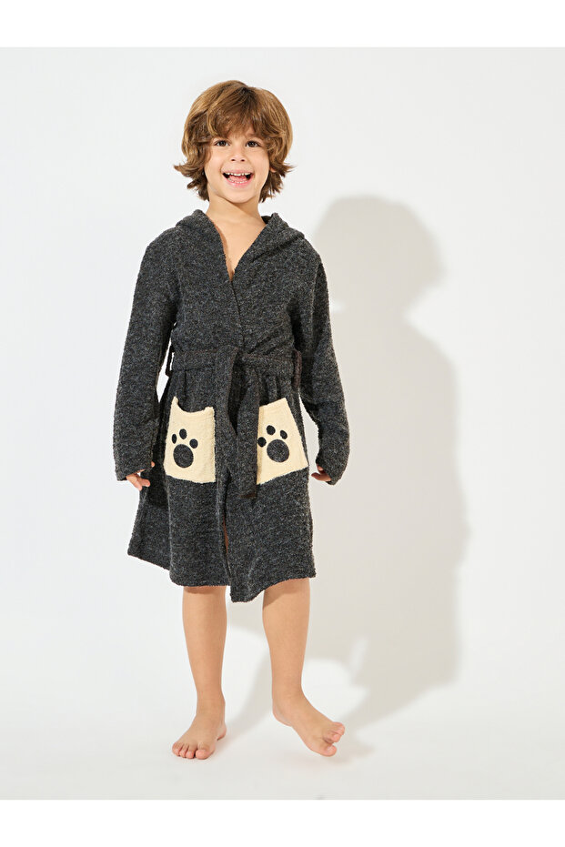 رداء حمام تيري بغطاء رأس بنقشة الدب - 1