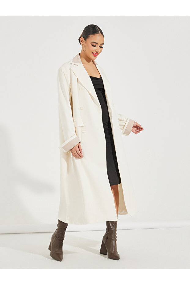 معطف ترنش كبير الحجم متوسط الطول مزدوج الصدر - 2