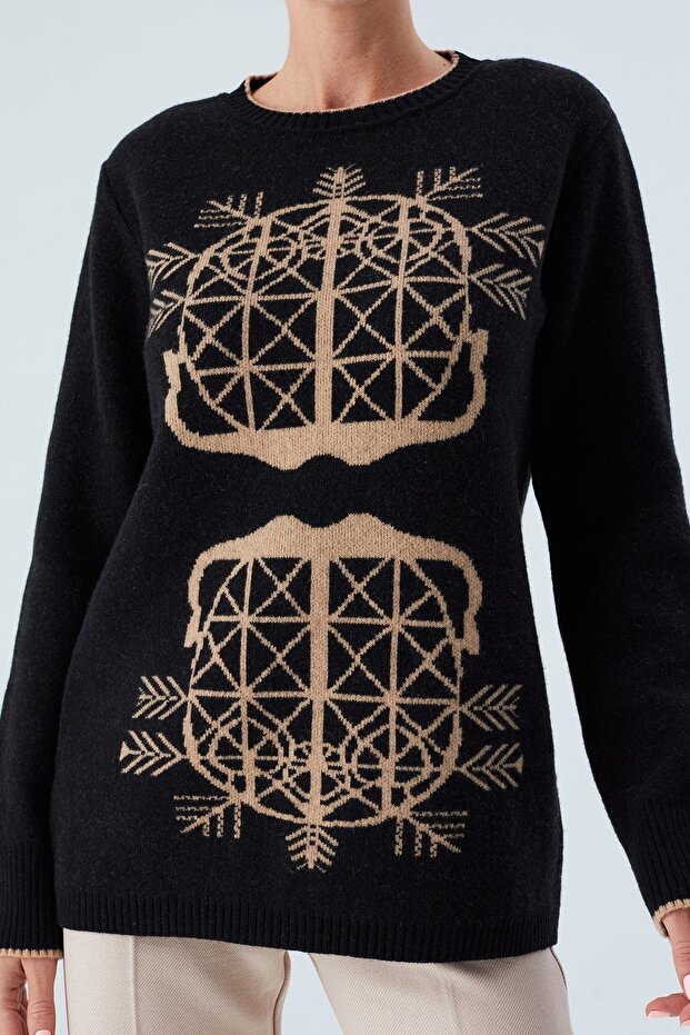 Amarıs Pullover Jakarlı Yünlü Uzun Kadın Triko Kazak - Siyah - 4