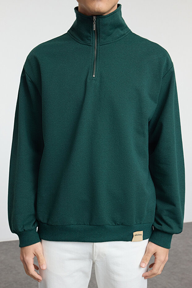 Zümrüt Oversize/Geniş Kesim Dik Yaka Fermuarlı Etiketli İçi Polarlı Sweatshirt TMNAW25SW00168 - 3