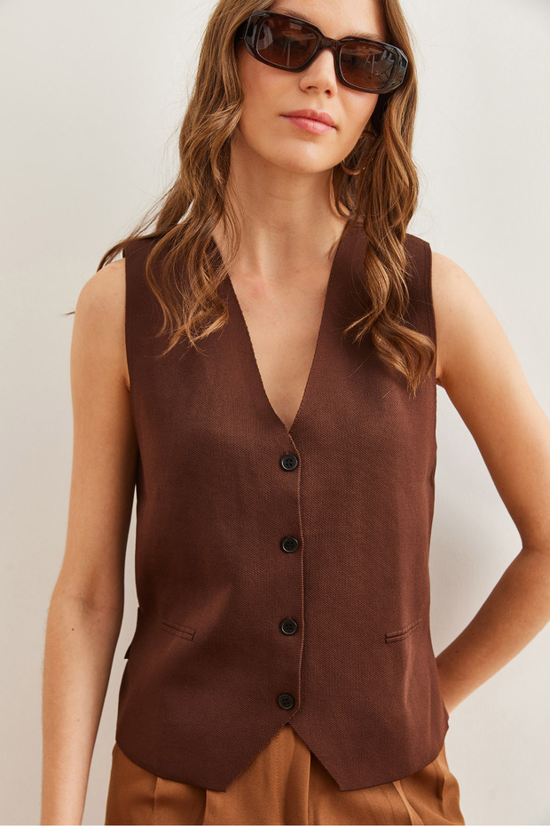 Women's Bitter Brown Fleto Pocket Back Belted Knitwear Vest Ylk- 19000034