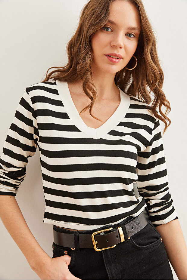 Women's Thick Striped Black V-Neck Soft Touch Flexible Blouse Blz- 19002767