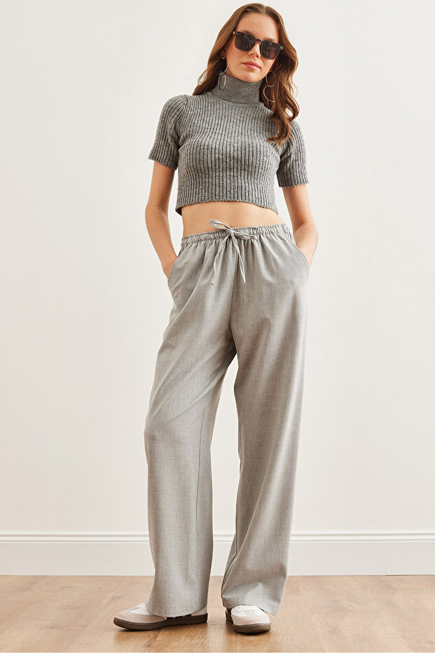 Women's Light Gray Elastic Waist Pocketed Flowy Wide Leg Polyviscon Trousers Pnt-19000294