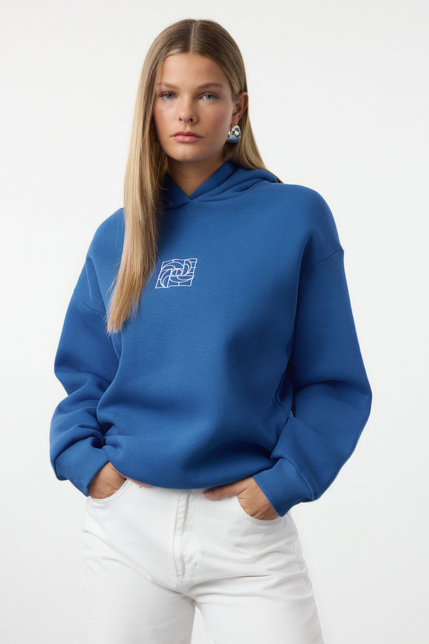 Saks Oversize/Geniş Kalıp Nakışlı Kalın İçi Polarlı Örme Sweatshirt TWOAW25SW00070