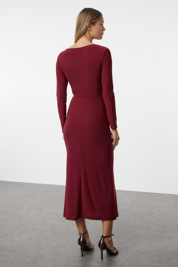 Bordo Maxi Volanlı Kare Yaka Fitted/Vücuda Oturan Maxi Esnek Örme Elbise TWOAW24EL00613 - 5