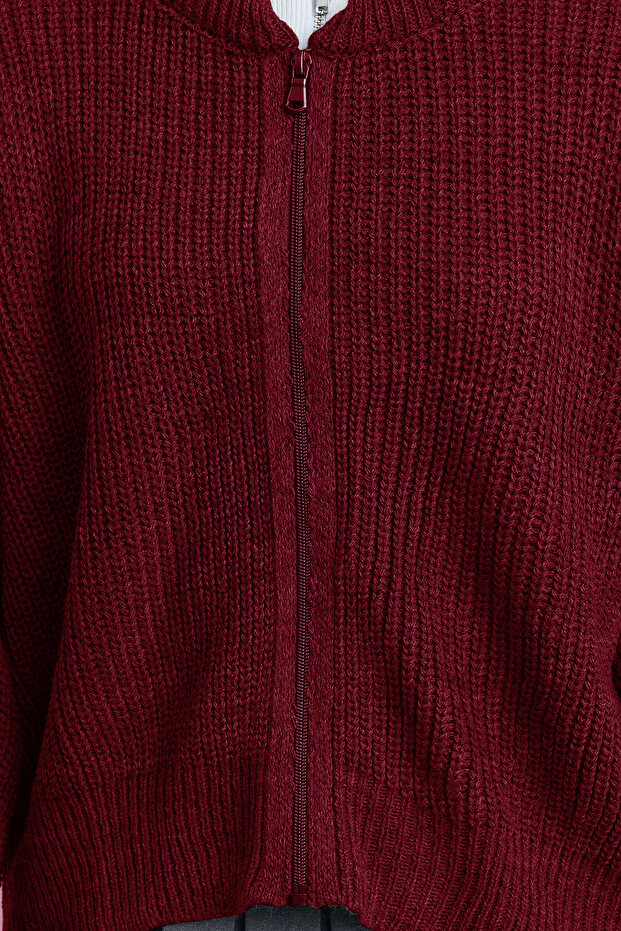 Bordo Geniş Kalıp Bomber Yaka Fermuarlı Triko Hırka TWOAW24HI00153 - 4