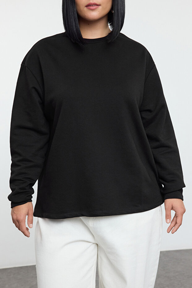 Siyah Çıt Çıt Düğme Detaylı Regular/Normal Kalıp Örme Büyük Beden Sweatshirt TBBAW25AO00039 - 3