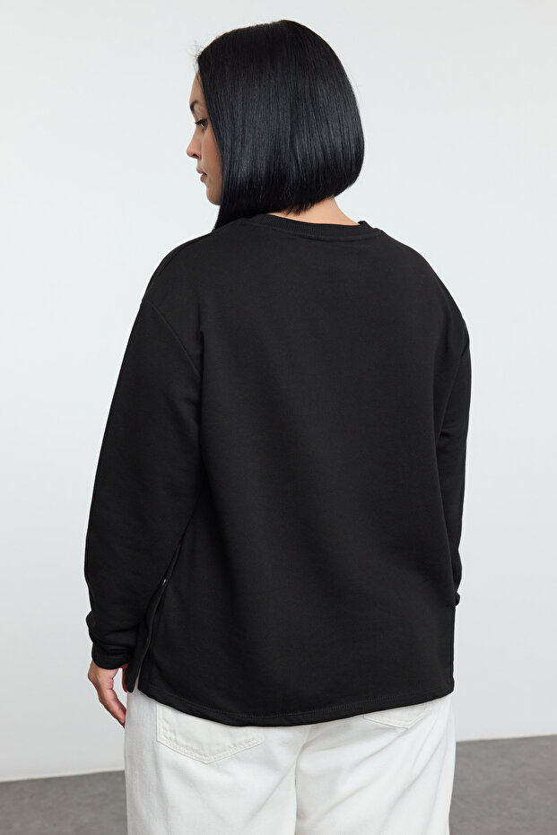 Siyah Çıt Çıt Düğme Detaylı Regular/Normal Kalıp Örme Büyük Beden Sweatshirt TBBAW25AO00039 - 5