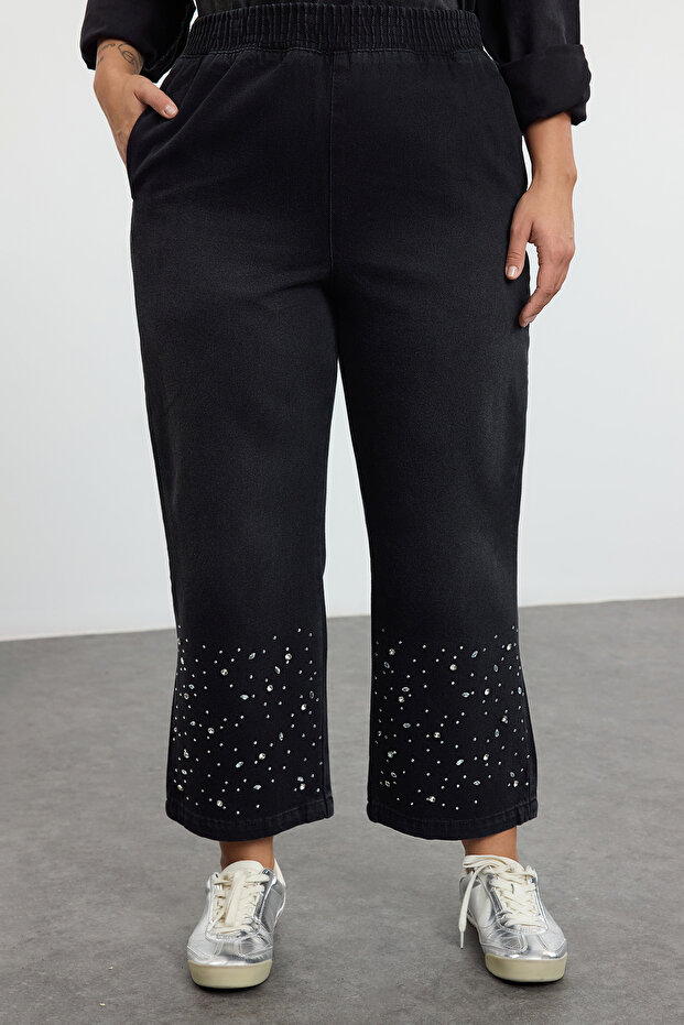 Antrasit Yüksek Bel Bali Lastikli Taşlı Straight Fit Büyük Beden Jeans TBBAW25CJ00007 - 1