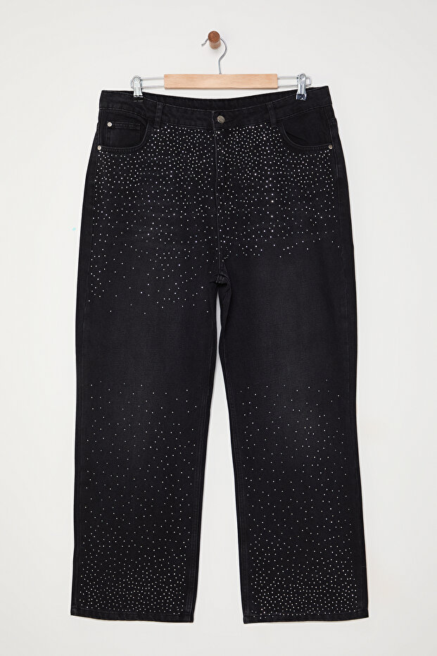 Antrasit Yüksel Bel Taşlı Straight Fit Büyük Beden Jeans TBBAW25CJ00000 - 6