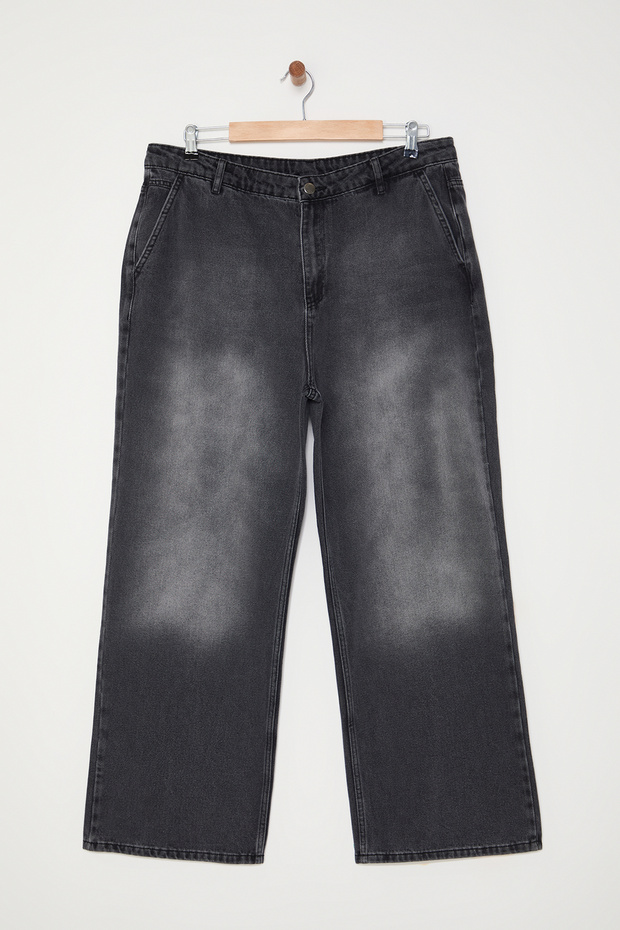 Antrasit Yüksek Bel Geniş Paça/Wide Leg Comfort/Orta Esnek Büyük Beden Jeans TBBSS24CJ00048 - 5