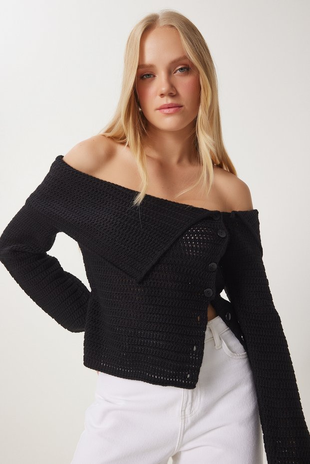 Women's Black Buttoned Low Carmen Collar Knitwear Blouse Fn03377