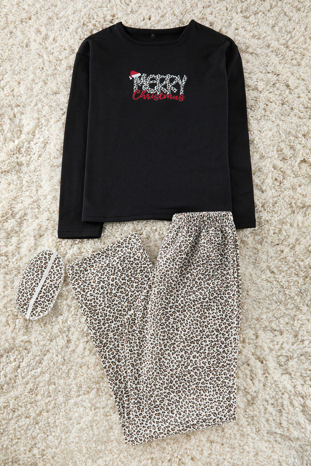 Siyah Pamuklu Leopar Desenli ve Yılbaşı Temalı Uyku Bantlı Örme Pijama Takımı THMAW25PT00223 - 1