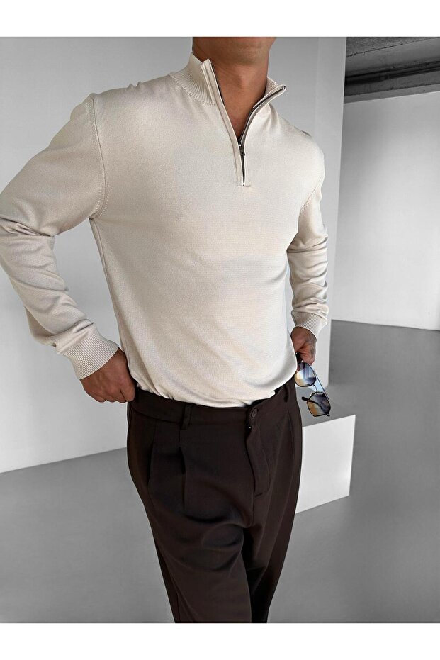 Men's half zip polo neck sweater beige
