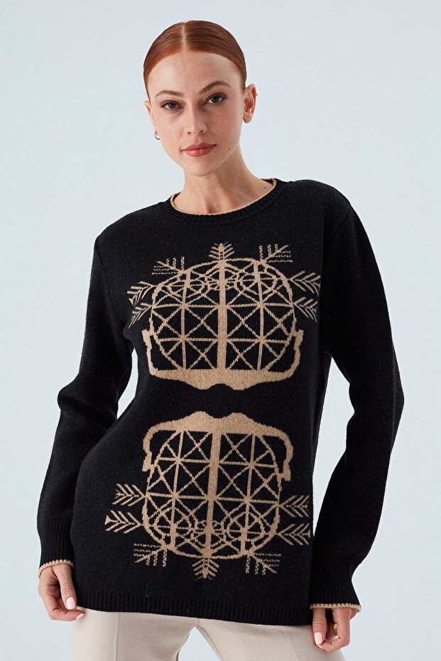 Amarıs Pullover Jakarlı Yünlü Uzun Kadın Triko Kazak - Siyah - 7