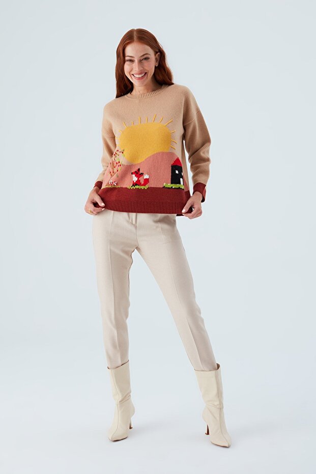 Sunny Pullover El Işlemeli Desenli Kadın Triko Kazak - Bej/kahve - 1