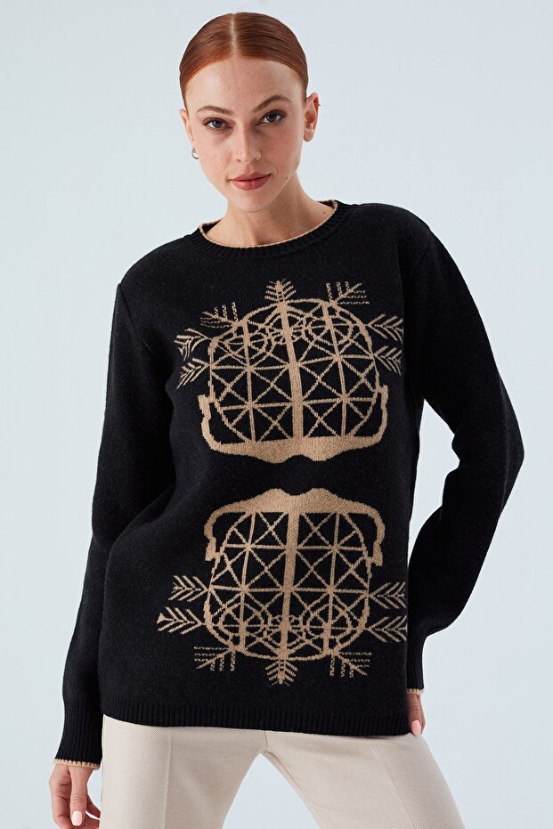 Amarıs Pullover Jakarlı Yünlü Uzun Kadın Triko Kazak - Siyah - 3