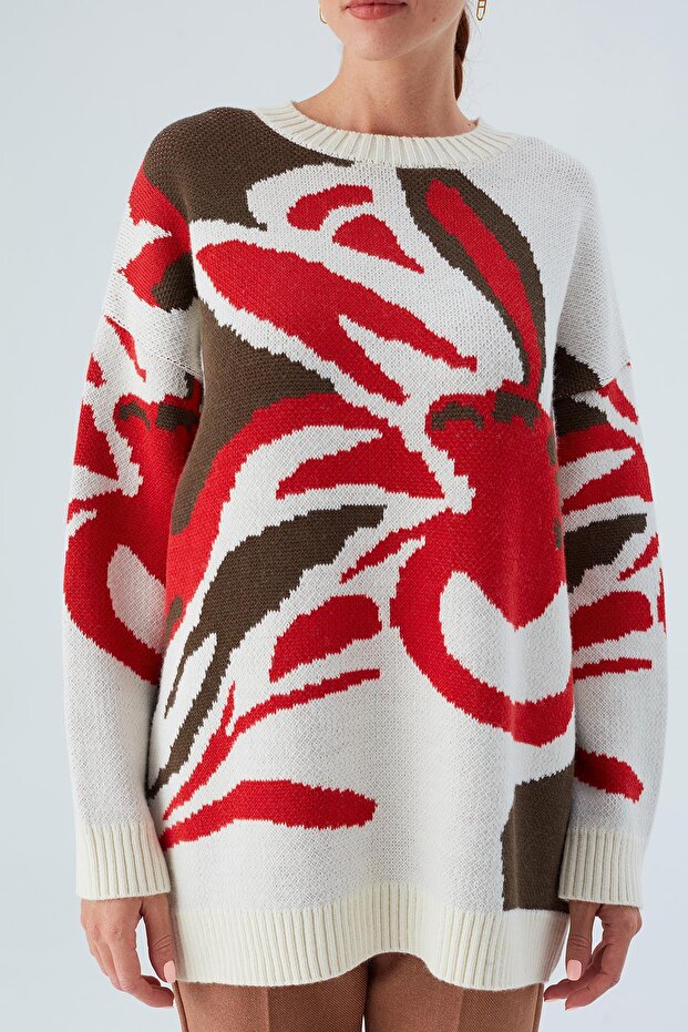 Polına Pullover Çiçek Desenli Uzun Kadın Triko Kazak - Ekru Multi - 3