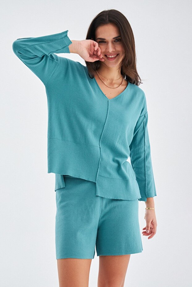 %100 Pamuk Kadın Şort - Turkuaz - 4